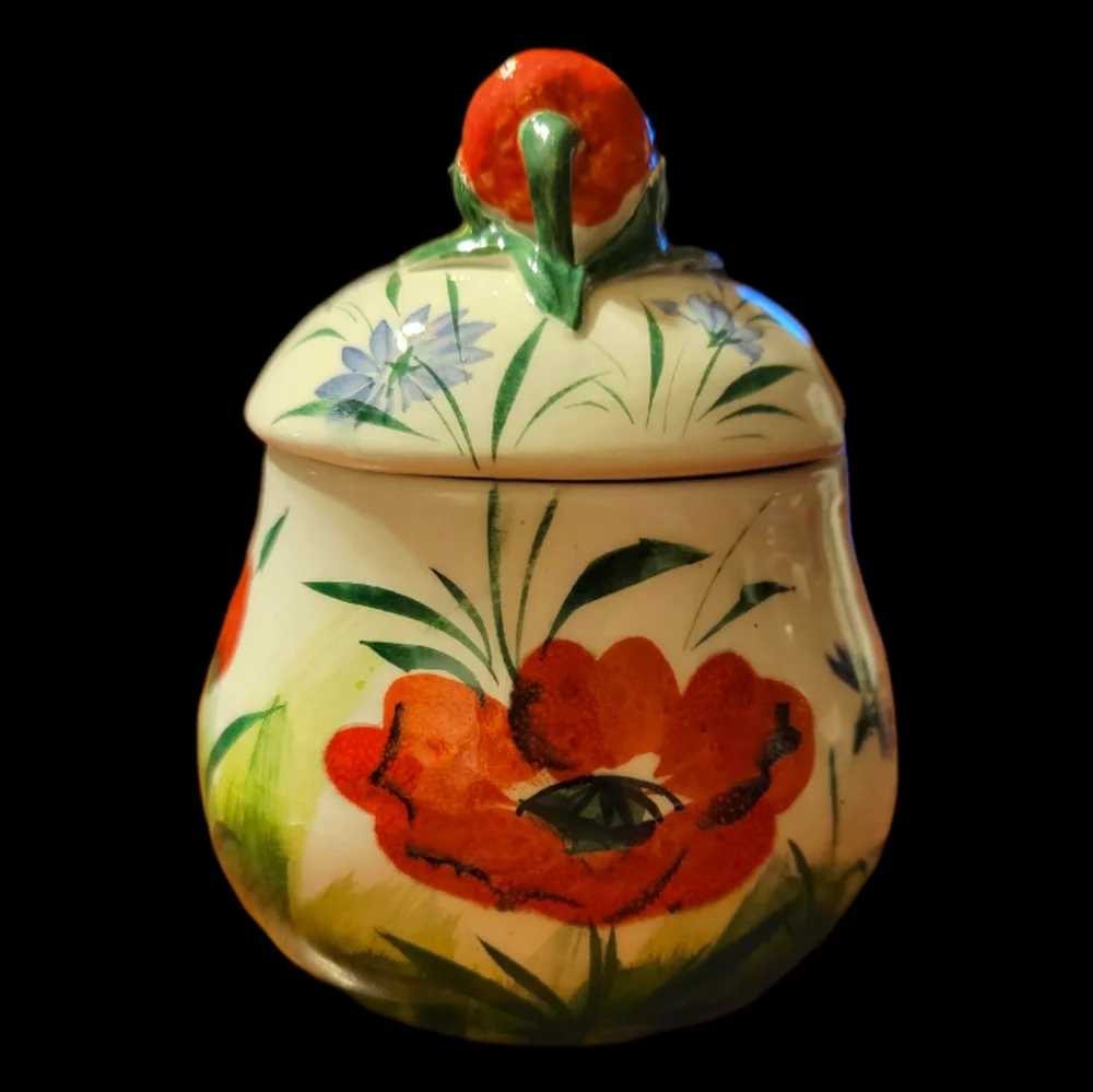 Vtg Creamer & Sugar Bowl Made In Italy Hand Painted Poppy Flowers Ceramic